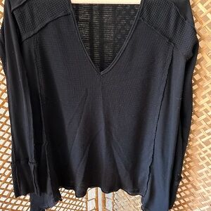 Free People Black Ribbed Long Sleeve Blouse